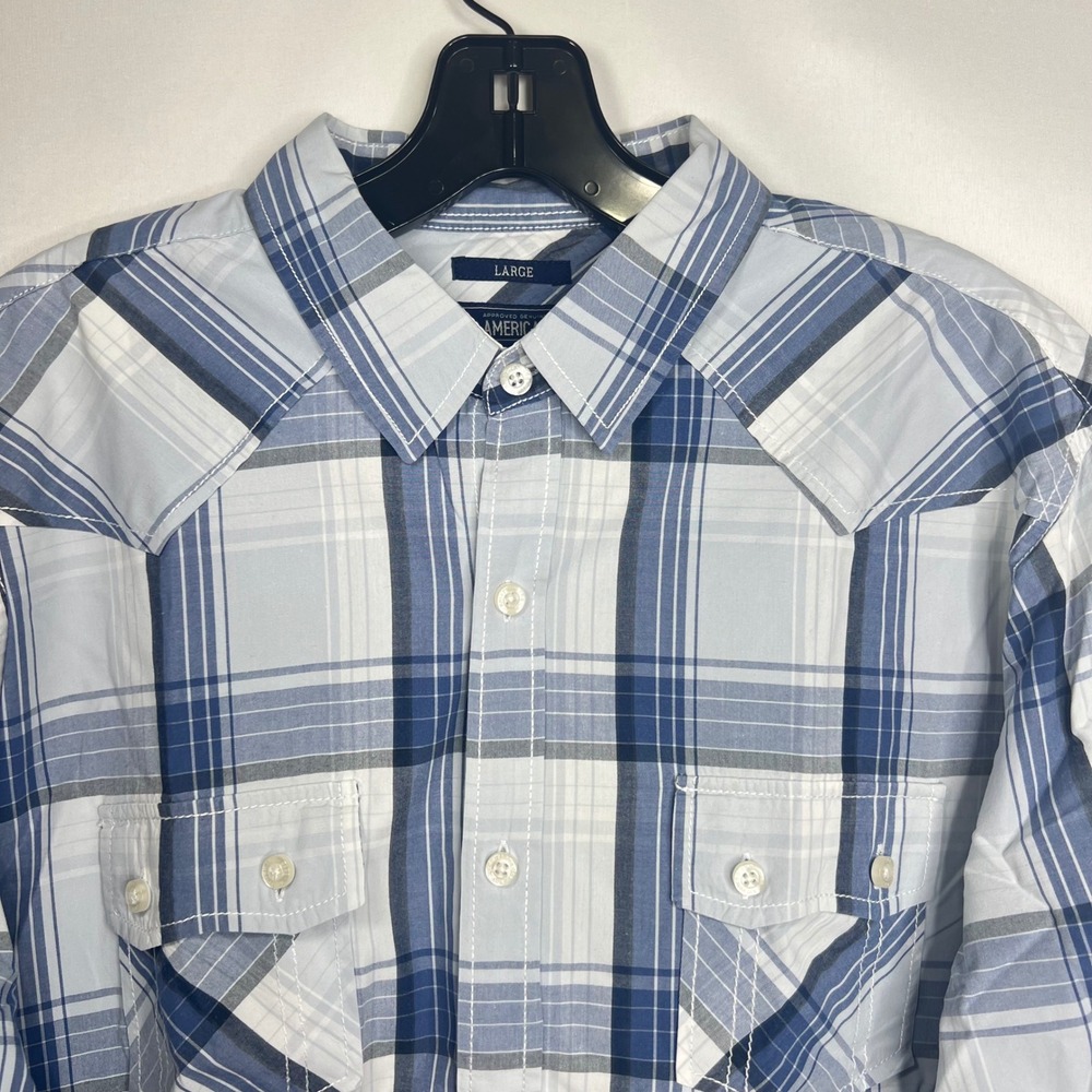 American Rag Blue Plaid Western Shirt Mens Large Pearl Snap Long Sleeve Casual